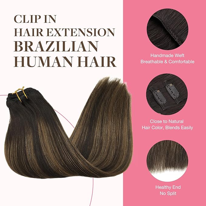 GOO GOO Clip in Hair Extensions Real Human Hair, Remy Human Hair Extensions Clip ins for Women, Natural Human Hair, 22inch 150g 9Pcs, 2/6/2 Balayage Dark Brown to Chestnut Brown
