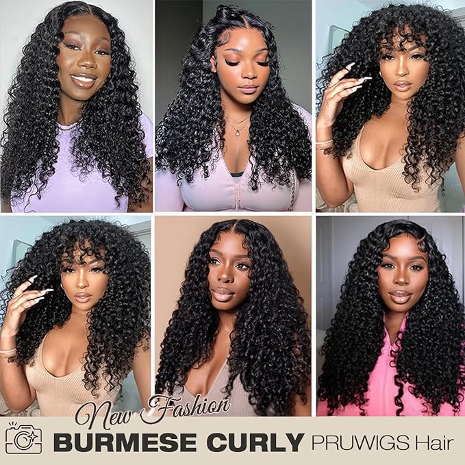 Burmese Curly Human Hair Wig with Spiral End 200% Density 360 Full HD Lace Front Wigs Human Hair Water Wave Wigs for Women 28Inch Pre Plucked with Baby Hair Tiny Knots Natural Black