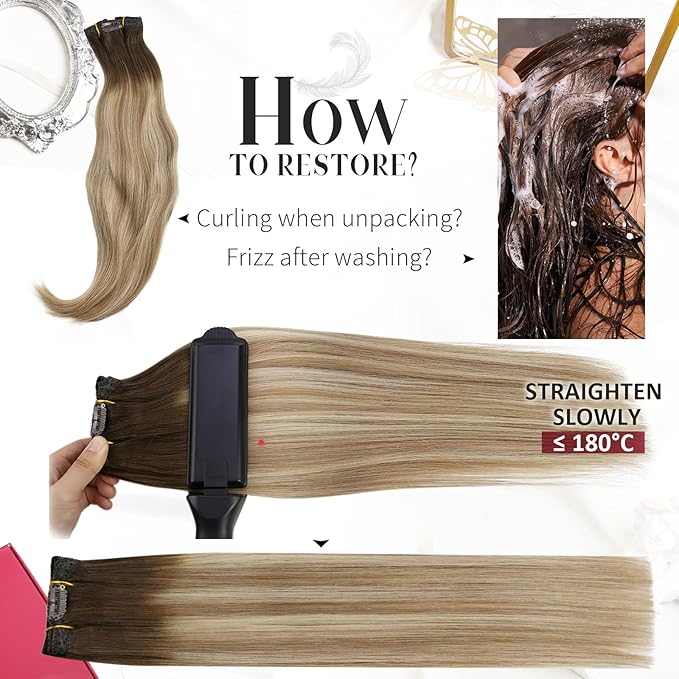 Moresoo Balayage Clip in Hair Extensions Real Human Hair Brown to Light Brown with Golden Blonde Double Weft Clip in Human Hair Extensions 7Pieces 120Grams 24inch