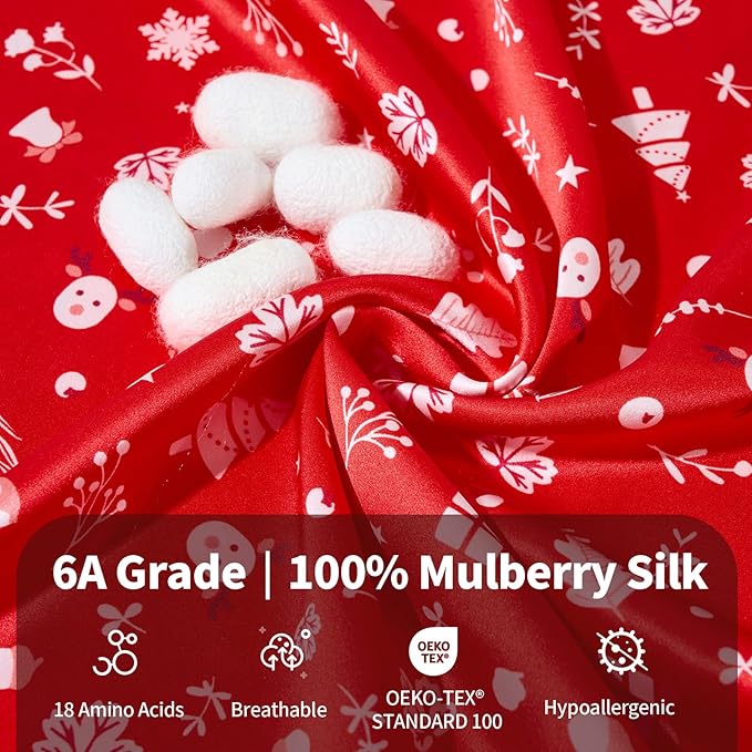 THXSILK Christmas Style 6A+ Grade Mulberry Silk Pillowcase for Hair and Skin, 22 Momme 100% Pure Silk Pillow Case with Hidden Zipper, Christmas Holly Printed Pillow Cover, Red， Standard