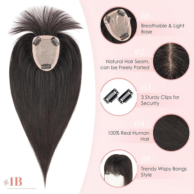 Hairro Human Hair Toppers with Wispy Bangs, 3.5x4.7" Hand-wovened Base for Women with Thinning Hair, Lightweight & Breathable Realistic Scalp, Clip-in Hairpieces for Easy Wear, 12 Inch Natural Black