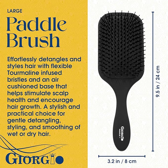 Giorgio Hair Brush Set - Black Paddle Brush with Tourmaline Ball Tip Bristles for Women, Men, Wet or Dry, Long, Thick, or Curly Hair