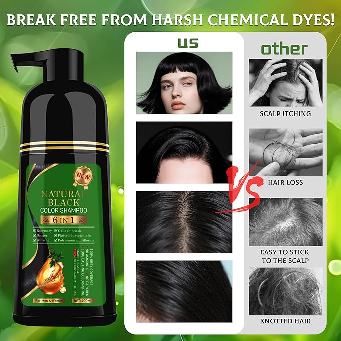 Black Hair Dye Shampoo 6-in-1 Unisex Natural Herbal Formula, Hair Color Shampoo for Women&Man Long-Lasting Color for Grey Coverage Home & Salon (Natuarl Black)