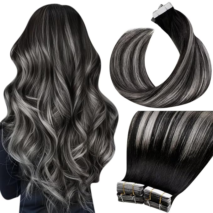 LaaVoo Ombre Tape in Hair Extensions Human Hair Tape in Extensions Balayage Off Black to Silver with Black 18 Inch 40pcs 100g