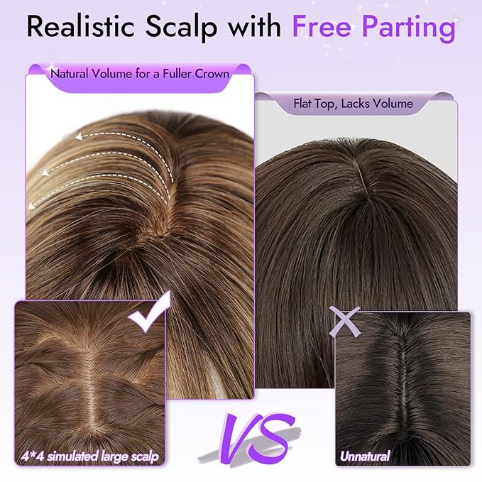Wig with Bangs for Women Medium Brown Straight Face-Framing Layers Hairstyle 4x4 Realistic Scalp Glueless Synthetic Wigs Medium Length for Everyday Use