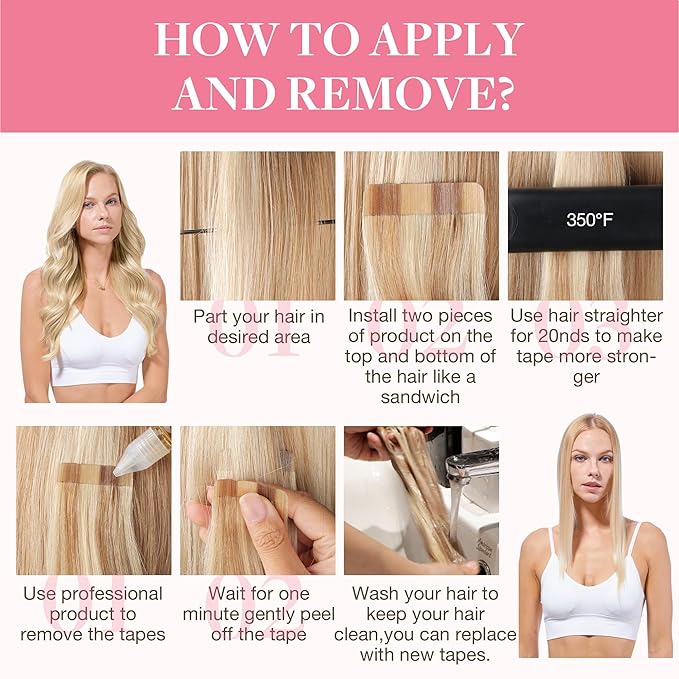 GOO GOO Tape in Hair Extensions Human Hair, 18ET90A Natural Blonde Balayage, 14inch 50g 20pcs, Skin Weft Seamless Invisible, Silky Straight with Thick Ends, Remy Human Hair