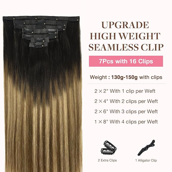 GOO GOO Clip in Hair Extensions Real Human Hair, Remy Human Hair Extensions Clip ins for Women, Natural Human Hair, 20inch 150g 7Pcs, 2/6/18 Balayage Brown to Dirty Blonde