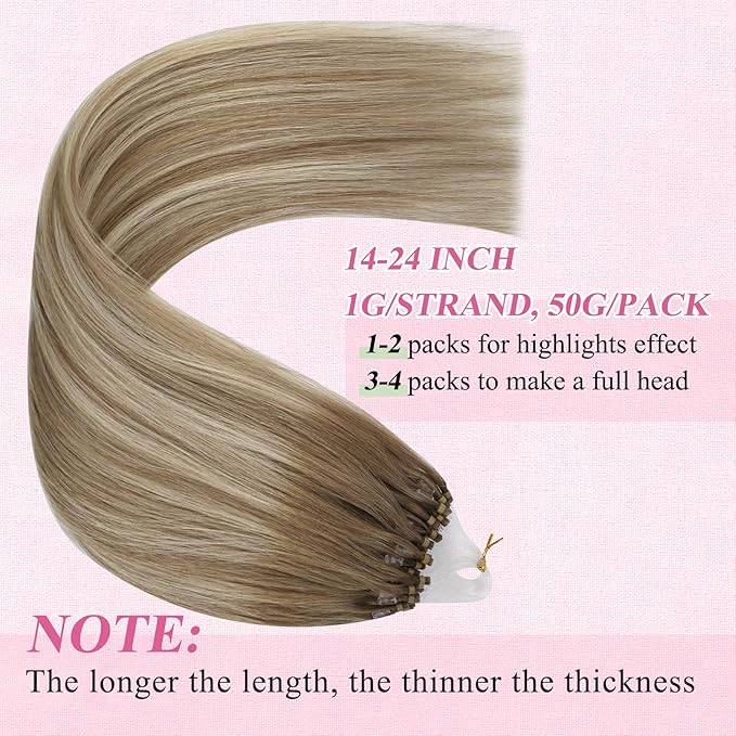 YoungSee Microbead Hair Extensions Ombre Micro Loop Hair Extensions Real Human Hair Balayage Light Brown with Blonde Micro Hair Extension Human Hair Silky Straight for Young Adults 22 Inch 50s 50g
