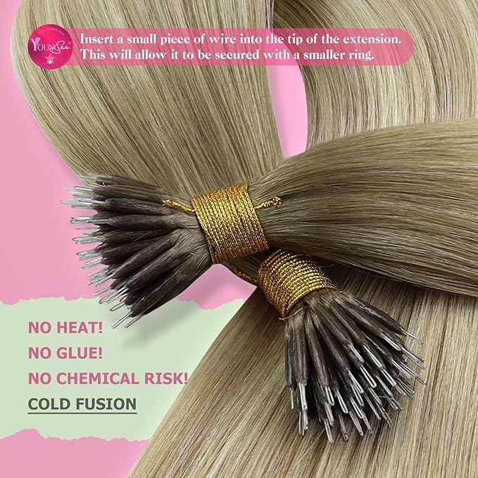 YoungSee Nano Ring Hair Extensions Human Hair Ombre Blonde Nano Extensions Human Hair Balayage Ash Blonde Ombre Platinum Blond Nanobead Hair Extension Ombre 16Inch 1g/s 50G 50S