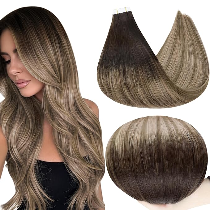 Full Shine Ombre Tape in Hair Extensions Human Hair 16 Inch Color 2/6/18 Tape in Extensions Invisible Glue on Hair Extensions 20Pcs 50G Hair Extensions Tape in Seamless Invisible