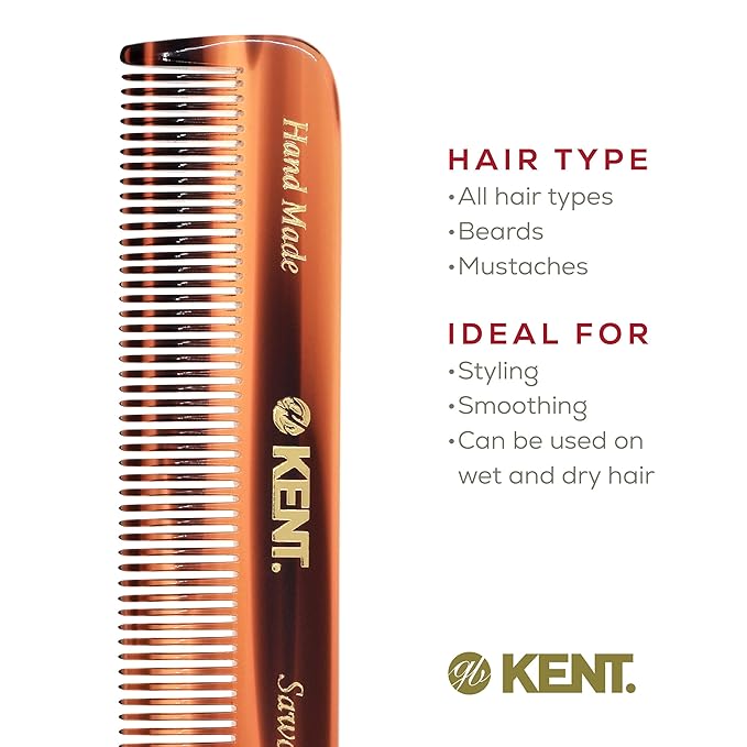 Kent A FOT Handmade Tortoiseshell All Fine Tooth Pocket Comb for Men, Hair Comb Straightener for Everyday Grooming Styling Hair, Mustache Beard, Saw Cut and Hand Polished, Made in England