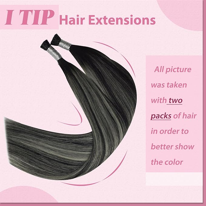 YoungSee I Tip Hair Extensions Human Hair Ombre Black 16 Inch I Tip Hair Extensions Human Hair Balayage Black with Silver Itip Hair Extension 80s 50g Itips Hair Extensions Real Human Hair for Women