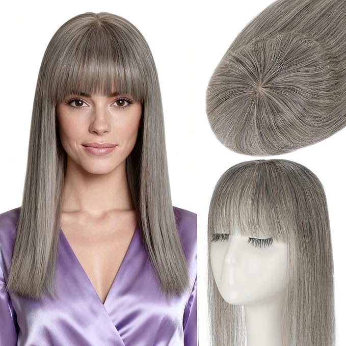 Rich Choices Human Hair Toppers for Women-100% Real Remy Hair Topper with 3D 360°Bang-Upgraded 150% Density 9 * 12CM Lace Base-Clip in Hairs topper for Thinning Hairs-10Inch #G2 Grey