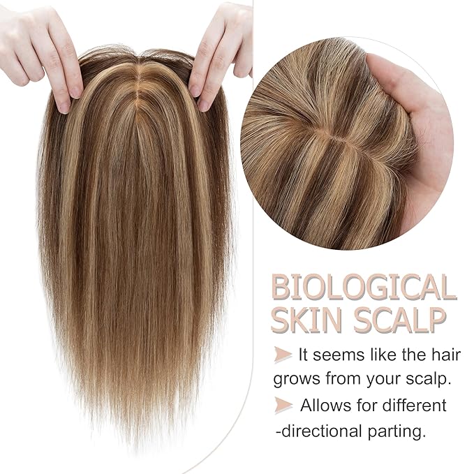 Hair Toppers for Women Real Human Hair No Bangs, 13 * 15 cm Larger Silk Base 150% Density Clip In Topper Hairpieces, Wiglet Top Pieces Add Volume -12 Inch 4P27 Medium Brown&Dark Blonde