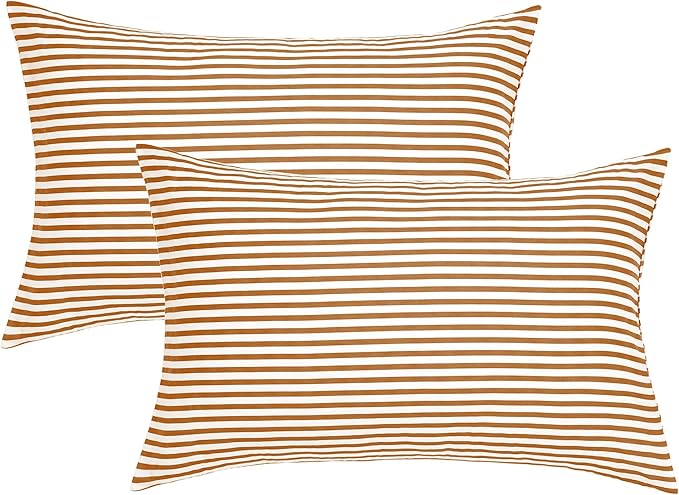 JELLYMONI 100% Natural Cotton Striped King Pillowcases Set, 2 Pack White and Rust Stripes Pattern Printed Pillow Covers with Envelope Closure(Pillows are not Included)