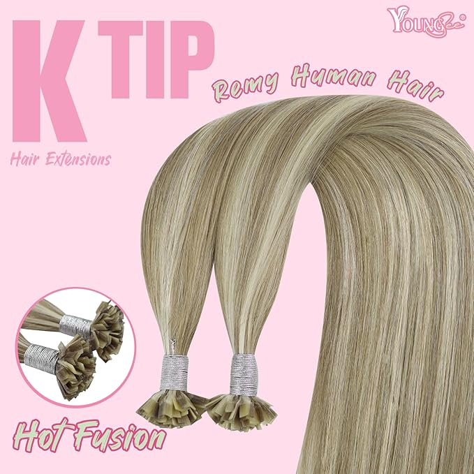 YoungSee K Tip Hair Extensions Human Hair Light Brown Pre Bonded K Tip Real Hair Extensions Light Brown Highlights Blonde Utip Natural Human Hair Highlight 14in Hot Fusion Hair Extensions 50s/50g