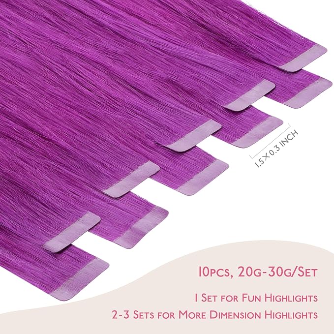 WENNALIFE Tape in Hair Extensions Human Hair Purple Tape in Extensions, 10pcs 20g 12 inch Remy Invisible Tape Ins Straight Colored Soft Real Human Hair Tape in Extensions Refill Set Extensions