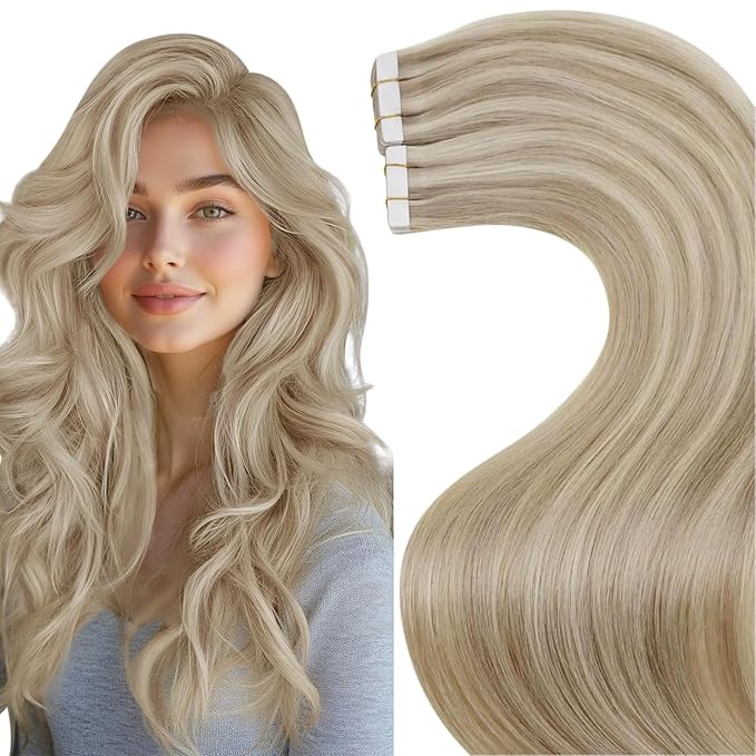 LaaVoo Tape in Human Hair Extensions 24 Inch Blonde Hair Extensions Tape in Dark Ash Blonde Highlighted with Light Blonde20pcs 50g