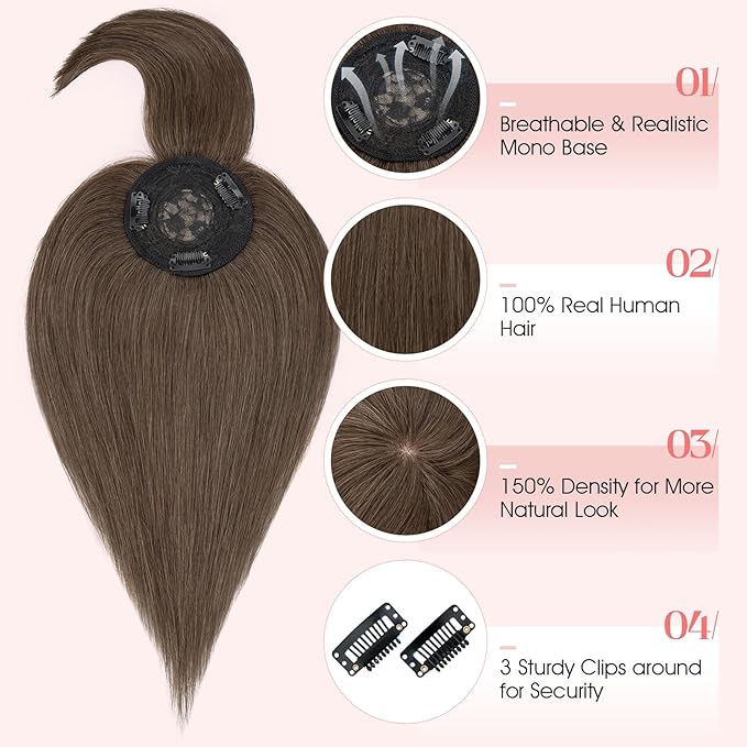 Hairro Mono Hair Toppers with Bangs, 3.4" x 3.4" Mono Base 100% Real Human Hairpieces for Women, 150% Density Clips In Topper for Greyish Thinning Hair, 12 Inch Cocoa Brown