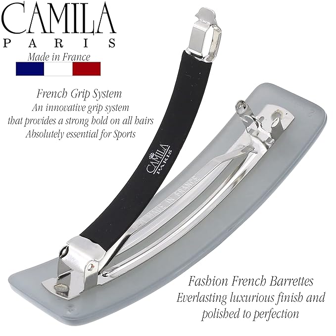Camila Paris CP3445 French Hair Barrette Clip for Girls, Gray, Rubberized Automatic Clasp Strong Hold Grip Hair Clips for Women, No Slip and Durable Styling Girls Hair Accessories, Made in France