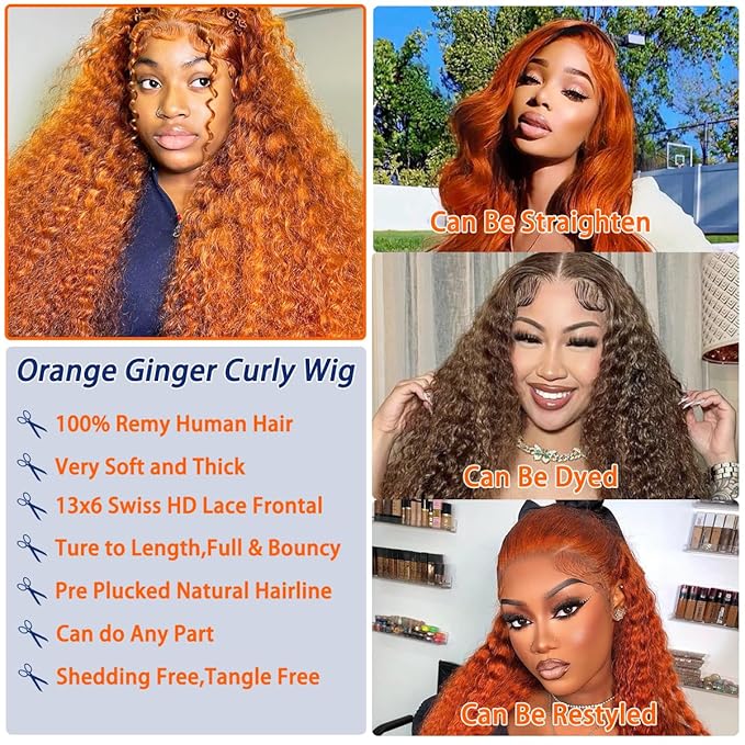Deep Wave Lace Front Wigs Human Hair 13x6 Ginger Orange Wig Human Hair 210% Density 13x6 HD Transparent Lace Frontal Wet and Wavy Wig 22Inch