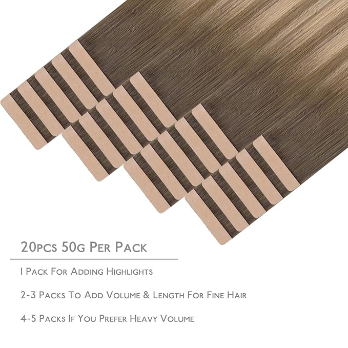 WENNALIFE Tape in Hair Extensions Human Hair, 20pcs 50g 20 inch Balayage Sandy Brown to Platinum Blonde Remy Hair Extensions for Women Tape Ins Straight Extensiones De Cabello Humano Skin Weft