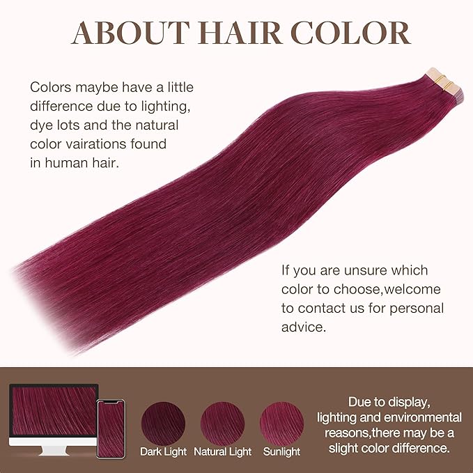 GOO GOO Tape in Hair Extensions Human Hair, Burgundy, 16inch 50g 20pcs, Skin Weft Seamless Invisible, Silky Straight with Thick Ends, Remy Human Hair