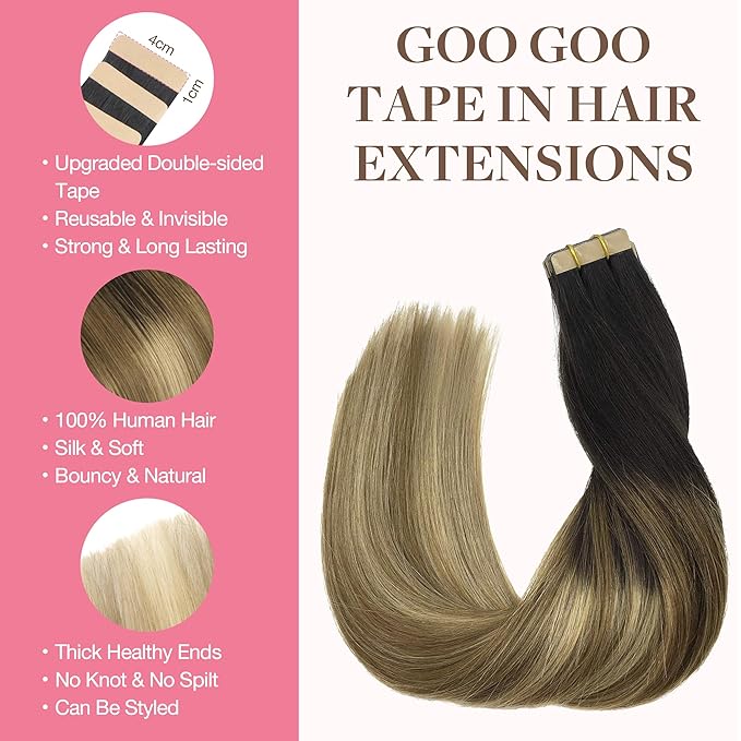 GOO GOO Tape in Hair Extensions Human Hair, 2/6/18 Balayage Brown to Dirty Blonde, 18inch 50g 20pcs, Thick Ends Straight Seamless, Invisible