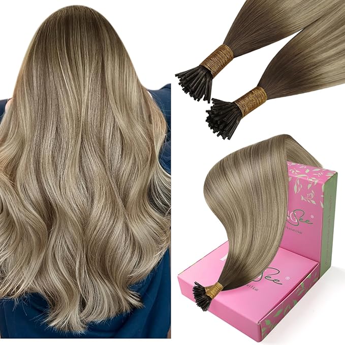 YoungSee Itip Hair Extensions Real Human Hair Ombre I Tip Hair Extensions Balayage Dark Brown to Brown with Blonde Itip Human Hair Extension Short Hair Extension 14In 50g 80s