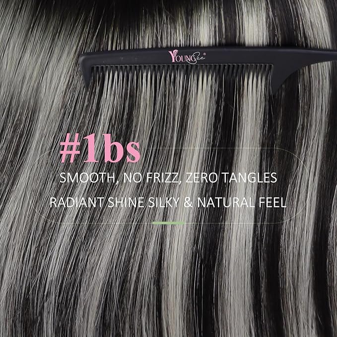 YoungSee Invisible Tape in Hair Extensions Ombre Black Tape on Hair Extensions Human Hair Balayage Black to Silver Remy Hair Extension Tapes for Women Straight Hair Extension 14In 50g 20pcs