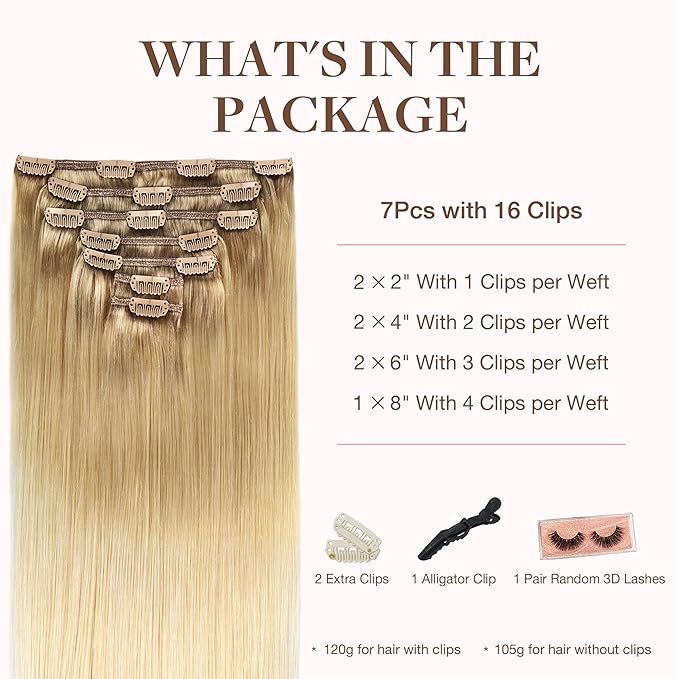GOO GOO Clip in Hair Extensions Real Human Hair, Remy Human Hair Extensions Clip ins for Women, Natural Human Hair, 22inch 120g 7Pcs, #O7/60F