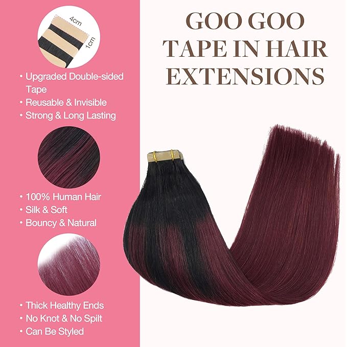 GOO GOO Tape in Hair Extensions Human Hair, 1/99 Balayage Jet Black to Red, 24inch 100g 40pcs, Skin Weft Seamless Invisible, Silky Straight with Thick Ends, Remy Human Hair
