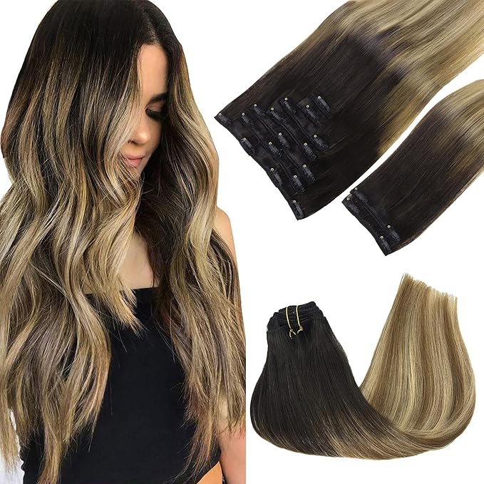 GOO GOO Clip in Hair Extensions Real Human Hair, Remy Human Hair Extensions Clip ins for Women, Natural Human Hair, 20inch 150g 9Pcs, 2/6/18 Balayage Brown to Dirty Blonde
