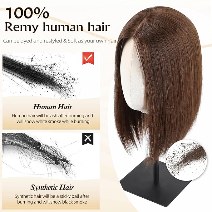 MONO TOP Hair Toppers for Women Human Hair 12 Inch 7"×8" Big Base Partial wig Cover Thinning Hair or Loss No Bangs Top Hair Pieces Natural Wiglets (Brown)