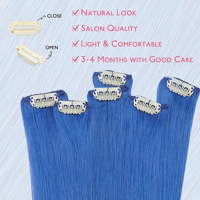 WENNALIFE Blue Clip in Hair Extensions Real Human Hair 35g 6pcs 20 Inch Colored Hair Extensions for Kids Women Colorful Hair Pieces Pop-up Style Straight Extensiones De Cabello Humano Con Clip