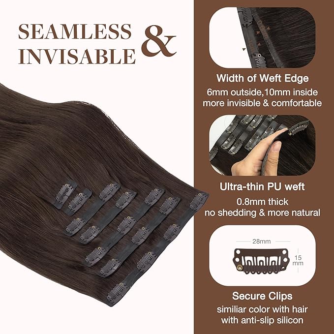 GOO GOO Clip in Hair Extensions Real Human Hair, Remy Human Hair Extensions Clip ins for Women, Natural Human Hair, 14inch 130g 9Pcs, 2A Light Brown