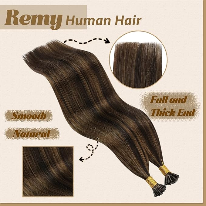 YoungSee I Tip Hair Extensions Human Hair Brown I Tip Hair Extensions Highlight Dark Brown with Brown Itip Human Hair Extension 20 Inch Highlight Pre Bonded Hair Extension Silky Straight 50s 50g