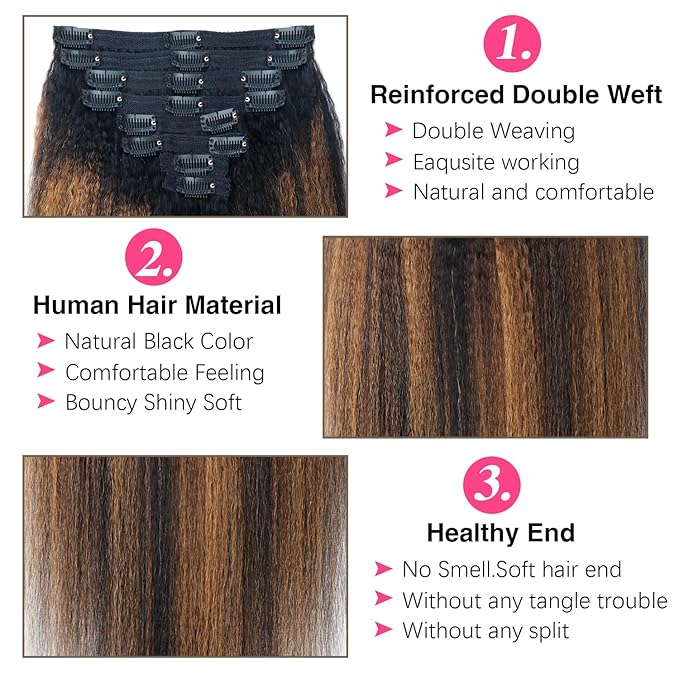 Kinky Straight Clip in Hair Extensions Real Human Hair For Women Highlight Hair Extensions Kinky Straight Clip ins (26inch,T1BP1B/30)