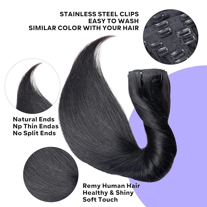 Seamless Clip in Hair Extensions Real Human Hair Straight Remy Human Hair Clip in Extensions for Women, Natural Soft Silk Human Hair PU Thin Weft 8Pcs 120g 16inch #1B Natural Black