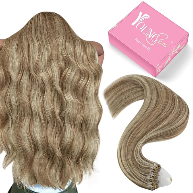 YoungSee Micro Bead Hair Extensions Highlight Microlink Hair Extensions Human Hair Light Brown Highlight Blonde Microbead Hair Extension 14In 50s 50g Beaded Hair Extension Soft for Short Hair