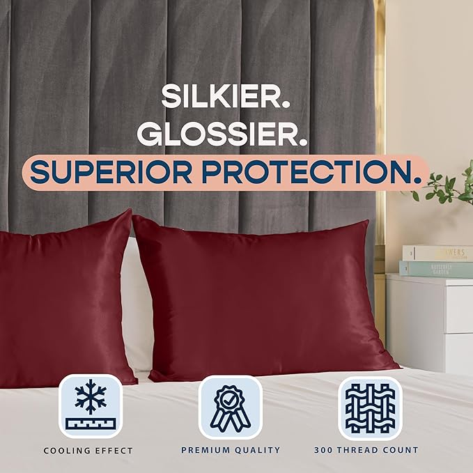 BLISSFORD Satin Pillowcase with Zipper, for Hair and Skin Care, Feels Soft and Cool Like a Silk Pillowcase, Satin Pillow Cases 2 Pack, Slik Pillow Cover, Burgundy, Standard, Set of 2