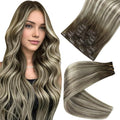 Full Shine Balayage Clip in Hair Extensions 18 Inch Ash Brown to Cool Blonde Real Human Hair with PU Weft Clip in Hair Extension Real Human Hair 8 PCS 120 G