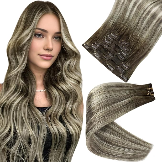 Full Shine Balayage Clip in Hair Extensions 18 Inch Ash Brown to Cool Blonde Real Human Hair with PU Weft Clip in Hair Extension Real Human Hair 8 PCS 120 G