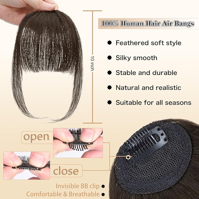 NAYOO Bangs Hair Clip- Darkest Brown Fake Bangs 100% Real Human Hair Extensions Wispy Bangs for Women Fringe with Temples Hairpieces Curved Bangs for Daily Wear (2# darkest brown, Wispy Bangs)