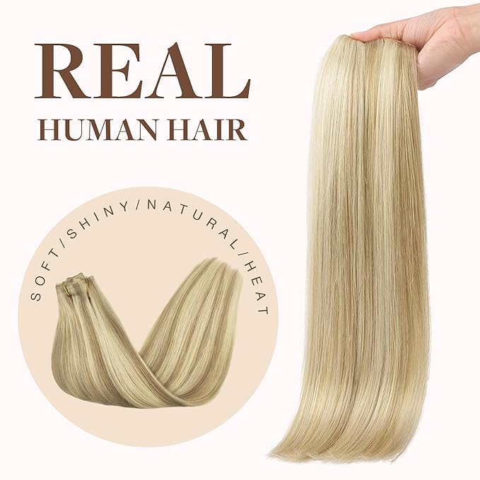 GOO GOO Clip in Hair Extensions Real Human Hair, Remy Human Hair Extensions Clip ins for Women, Natural Human Hair, 20inch 130g 7Pcs, #16/22 Light Blonde Highlighted Golden Blonde