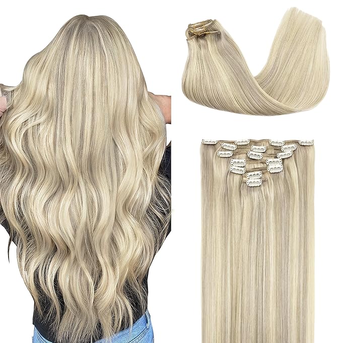 GOO GOO Clip in Hair Extensions Real Human Hair, Remy Human Hair Extensions Clip ins for Women, Natural Human Hair, 26inch 180g 7Pcs, #17A/60A Ash Blonde Highlighted Platinum Blonde