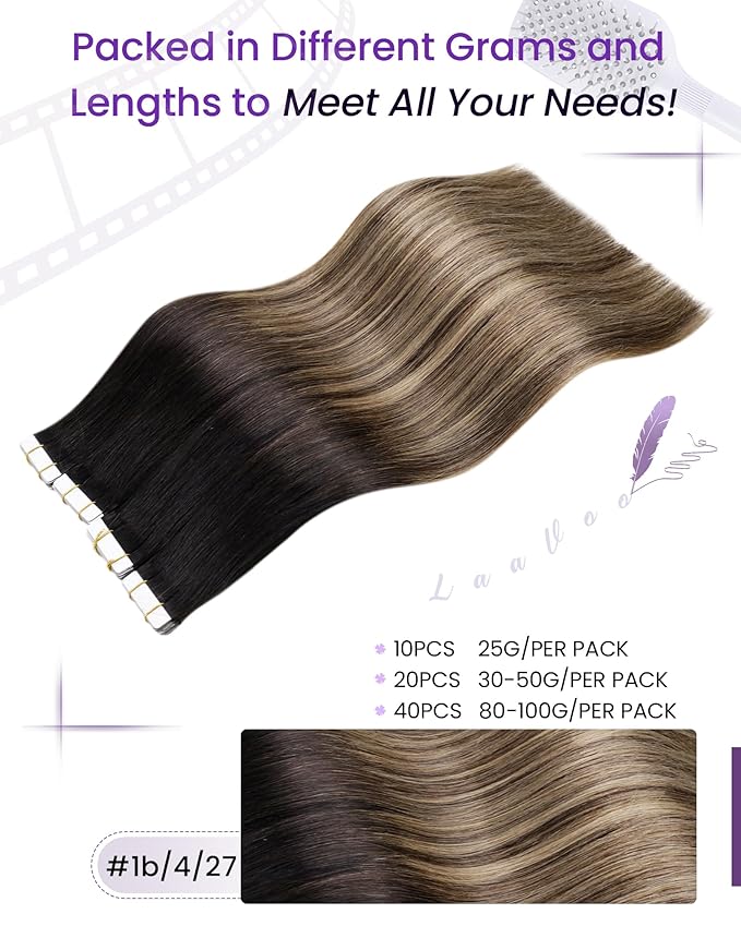 LaaVoo Human Hair Tape in Extensions Ombre Black to Medium Brown Mix Caramel Blonde Hair Extensions Tape in Real Human Hair Tape in Hair Extensions for Women 12in 20pcs/30g