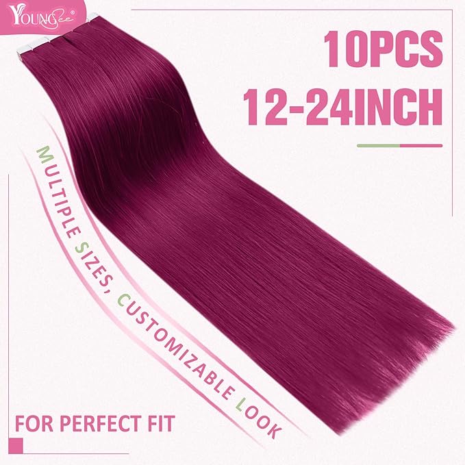 YoungSee Tape in Hair Extensions Magenta Tape in Extensions Human Hair Invisible Tapes Hair Extension Pinkish Red Tapeins Human-Hair Extension Short for Special Occasions 10Pcs 25G