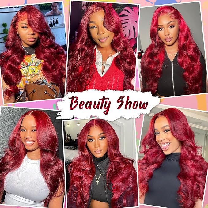 99J Burgundy Lace Front Wigs Human Hair 13x4 Body Wave Lace Front Wigs Pre Plucked Bleached Knots Lace Frontal Wig with Baby Hair 200% Density Red Wig HD Lace Red Wig for Women 28 Inch