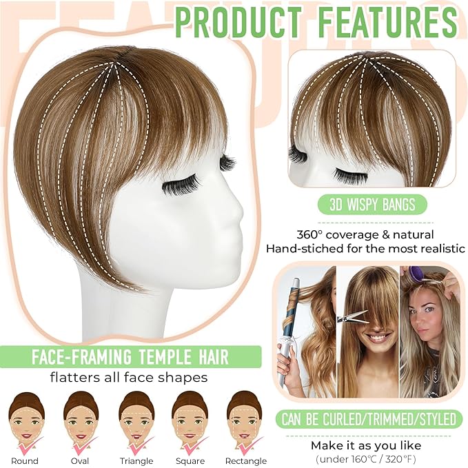 Bangs Hair Clip in Bangs 360°3D Cover Hair Topper Synthetic HairPieces for Women Light Brown Wispy Fake Bangs Toppers for Daily Wear